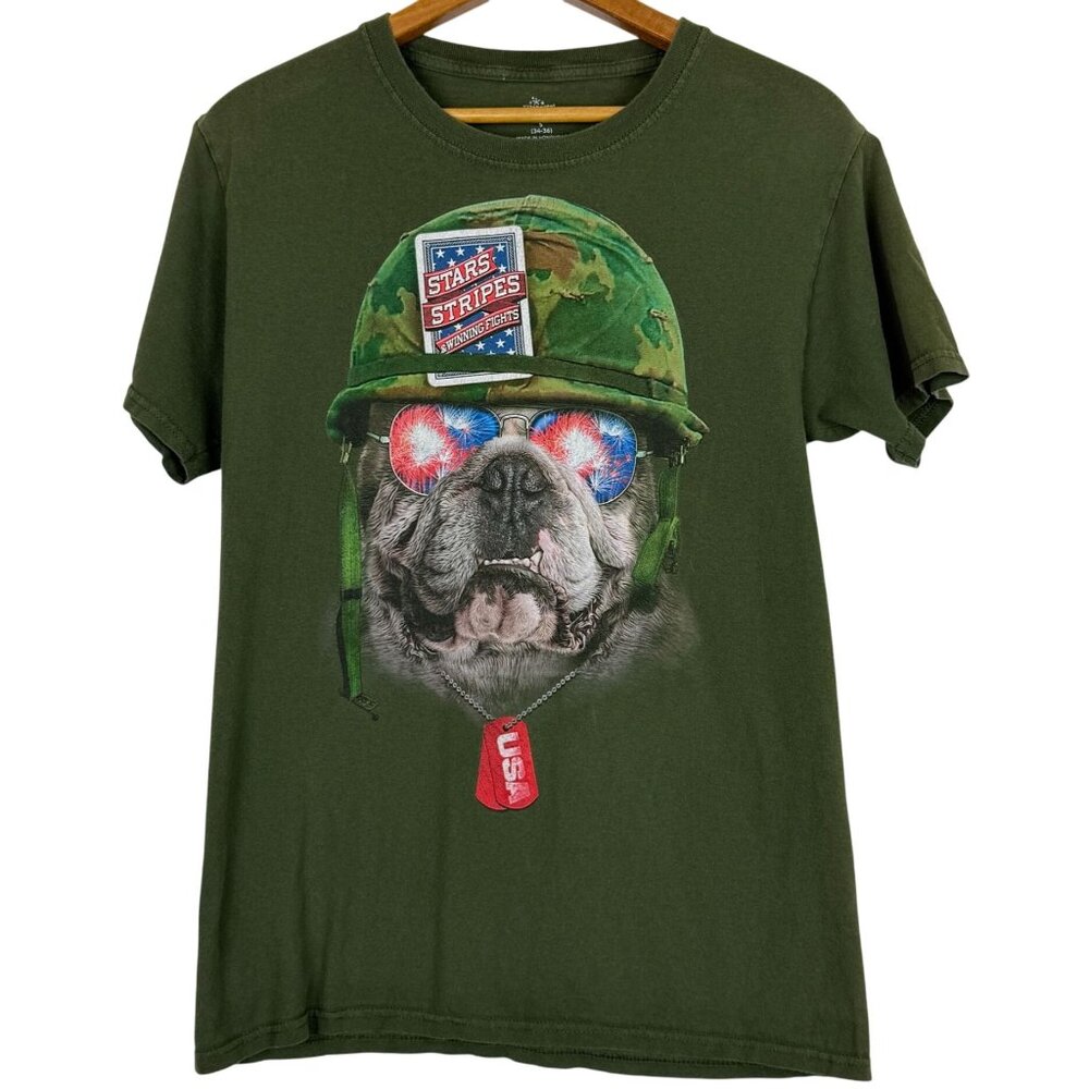 Celebrate Patriotic Stars & Stripes Bulldog Graphic Tee Small Green SS Cotton